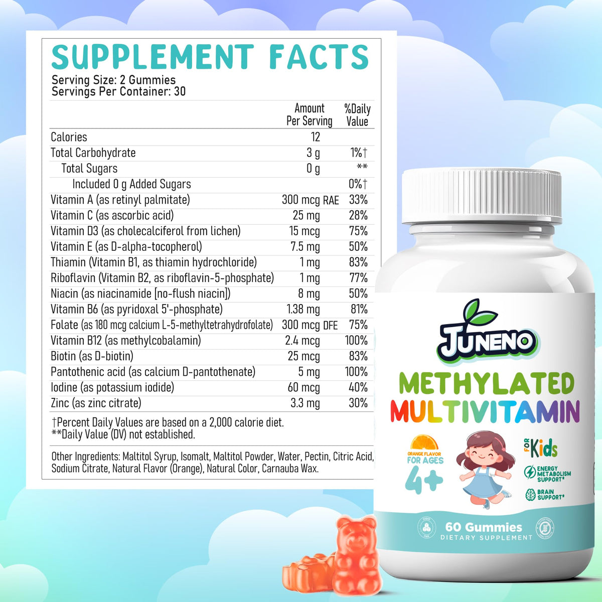 Enfant souriant avec des gummies multivitamines Juneno