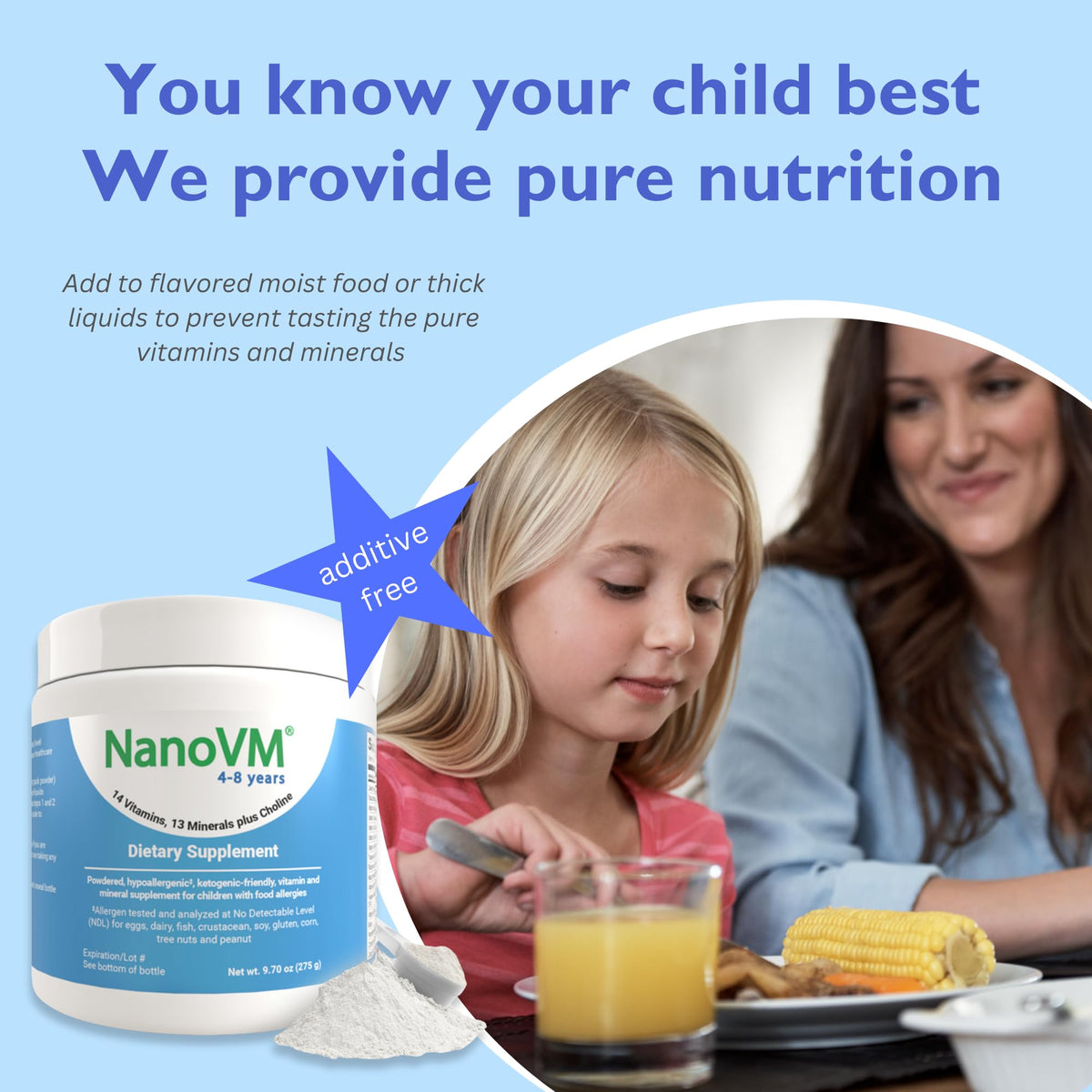 Enfant utilisant les multivitamines en poudre NanoVM dans un smoothie