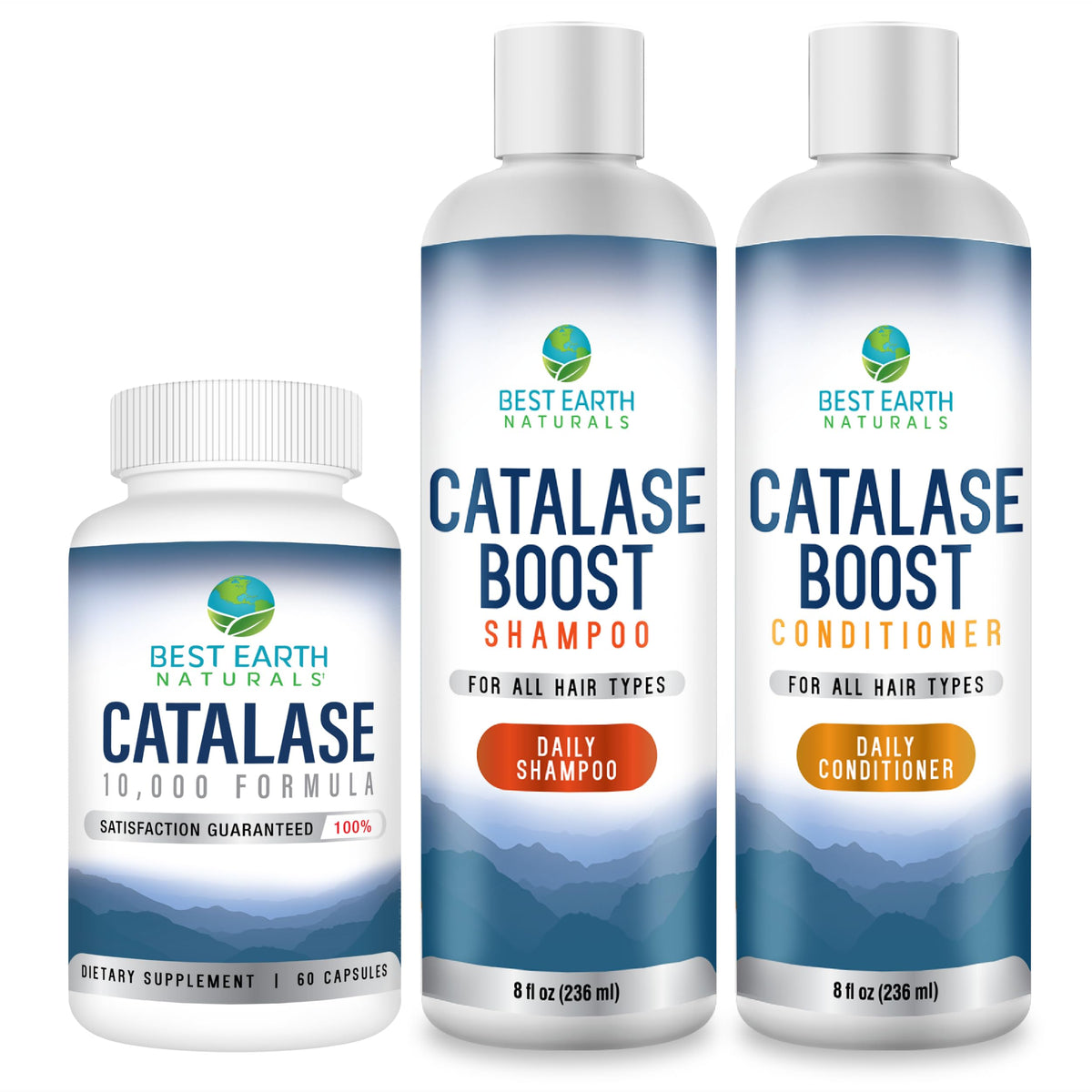 Ensemble Catalase Best Earth Naturals avec 60 capsules, shampooing et après-shampooing