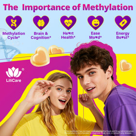 Ensemble de gummies LILICARE avec des vitamines B sur fond coloré