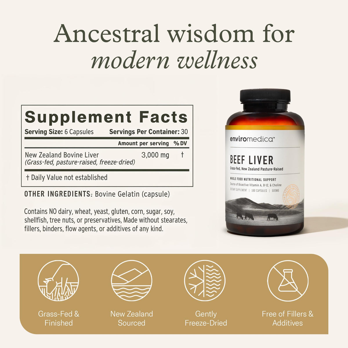 Enviromedica Capsules de Foie de Boeuf Élevé à l'Herbe, mise en scène avec des ingrédients naturels