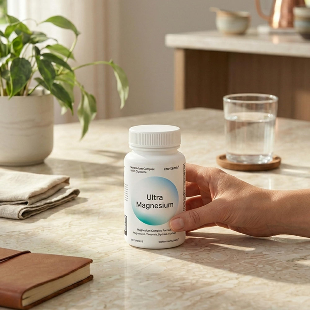 envitamin Ultra Magnesium Glycinate flacon ouvert avec capsules visibles