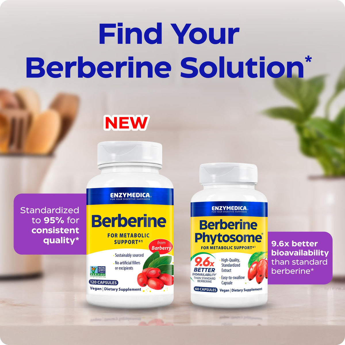 Enzymedica Berbérine HCl 510mg sur une table en bois