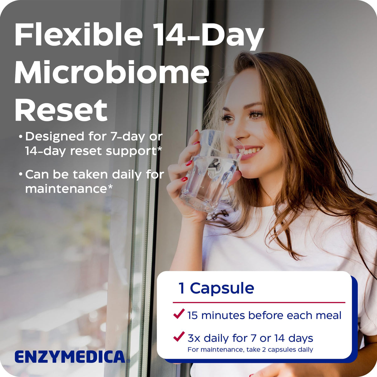 Enzymedica Candidase capsules à côté d'un verre d'eau