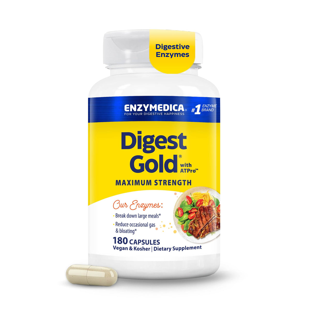 Enzymedica daily Gold 180 capsules, vue avant du flacon