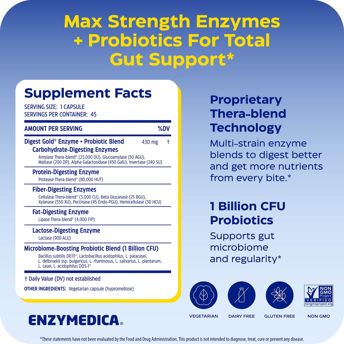 Enzymedica daily Gold + Probiotics capsules sur une surface blanche