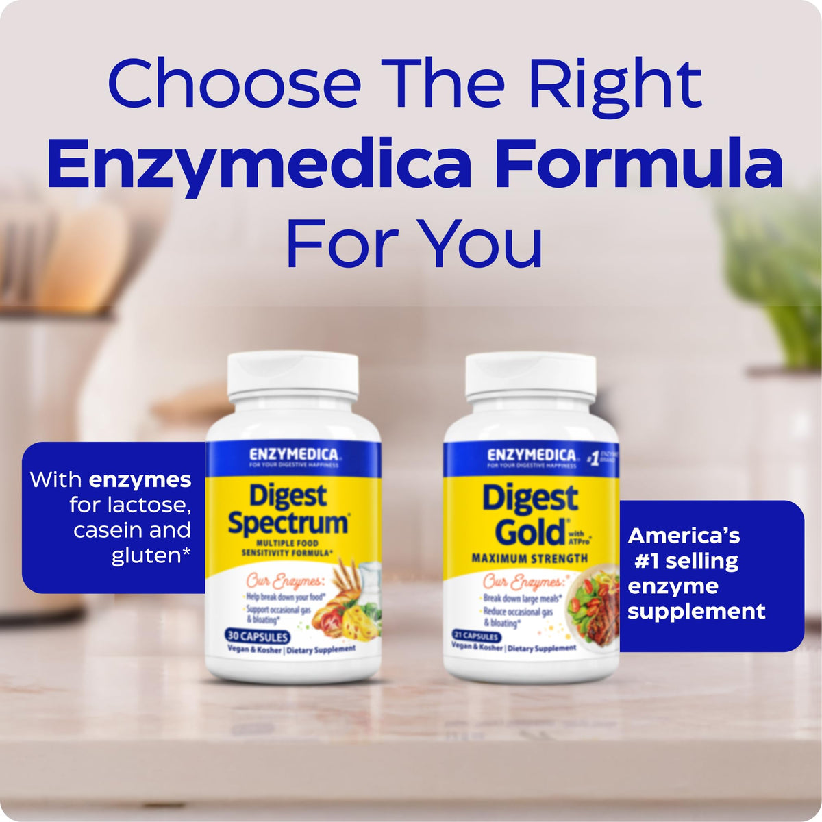 Enzymedica daily Spectrum sur une table avec des aliments