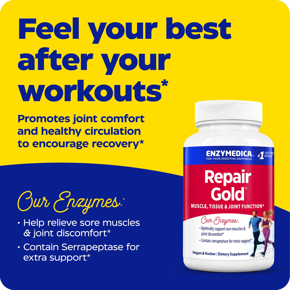 Enzymedica Repair Gold capsules à côté d'un verre d'eau