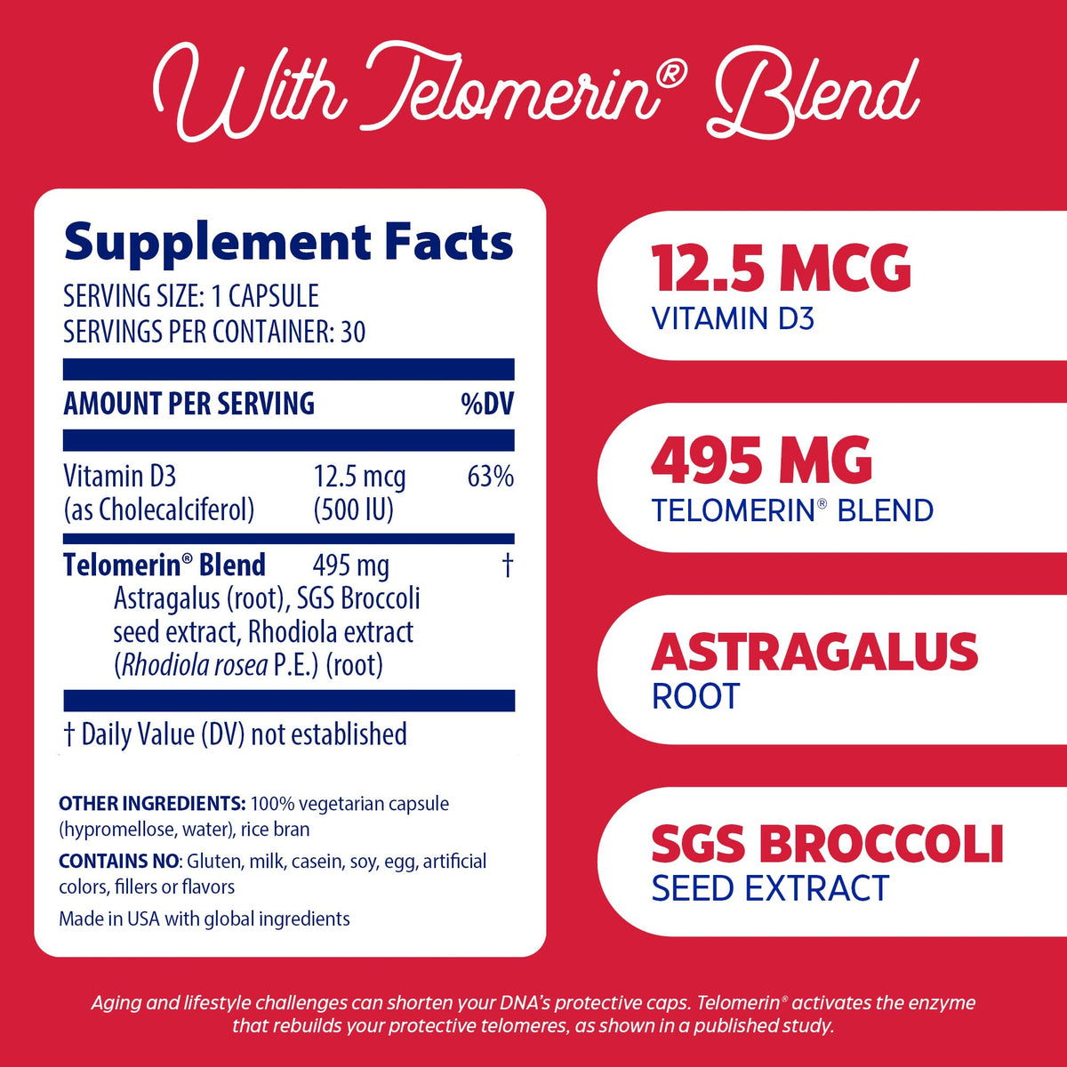 Enzymedica Telomere Plus emballage avec informations nutritionnelles
