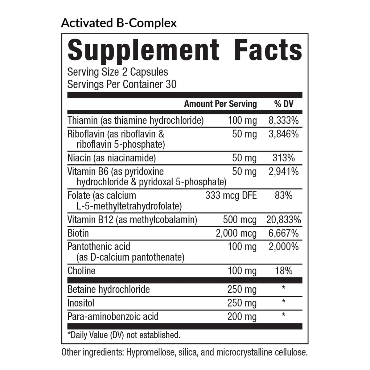 Equilife Complexe de Vitamines B Methylé 60 Capsules étiquette et ingrédients