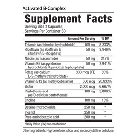 Equilife Complexe de Vitamines B Methylé 60 Capsules étiquette et ingrédients