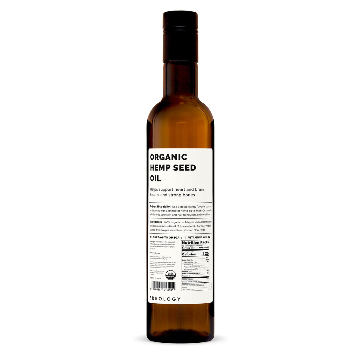 Erbology Huile de Graines de Chanvre 500ml avec des graines de chanvre sur une planche en bois