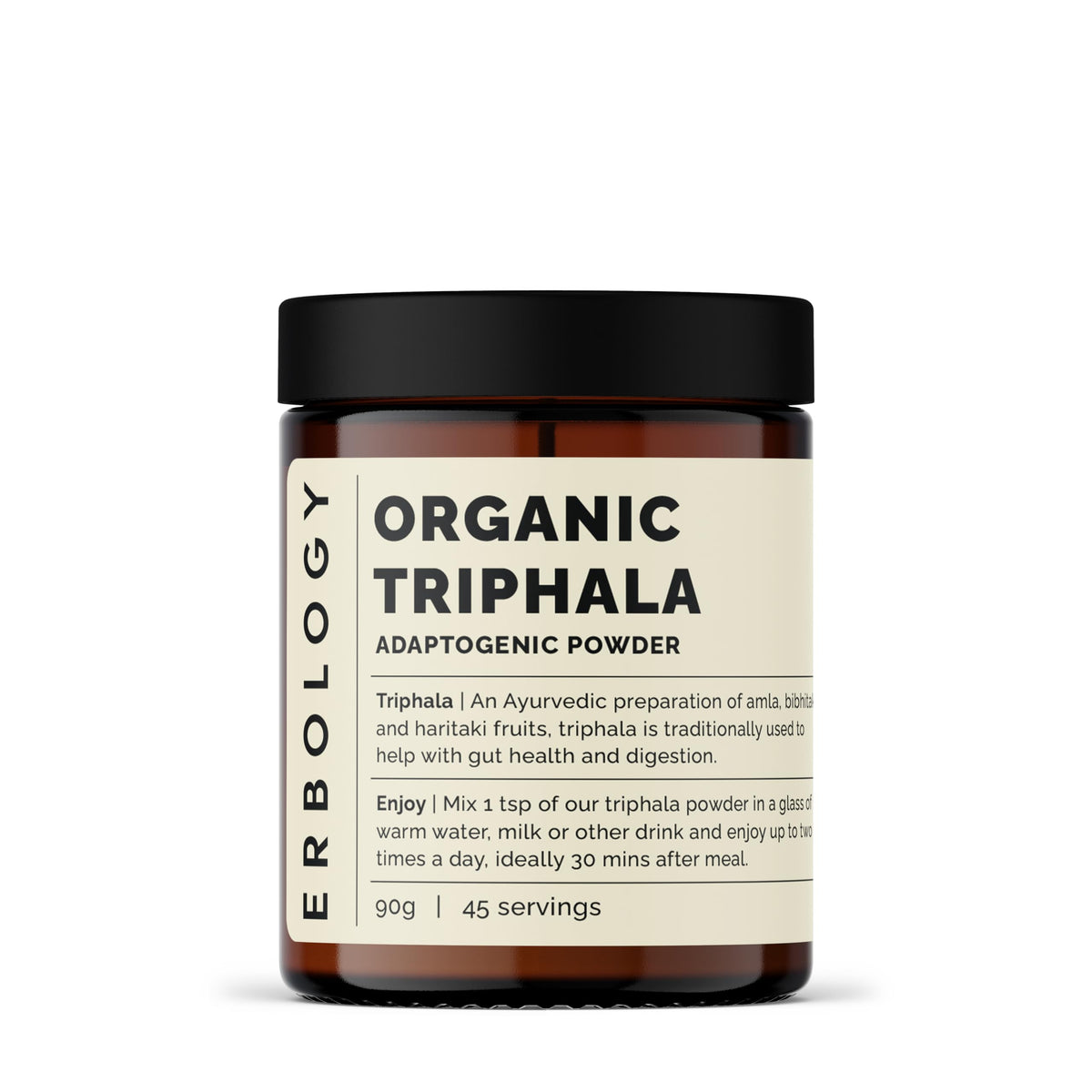 Erbology Poudre de Triphala Bio 90 g vue de face dans son pot en verre