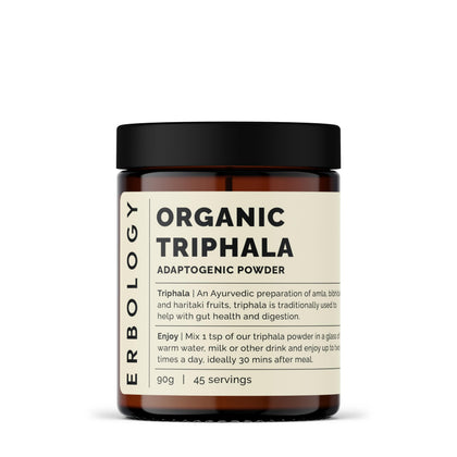 Erbology Poudre de Triphala Bio 90 g vue de face dans son pot en verre