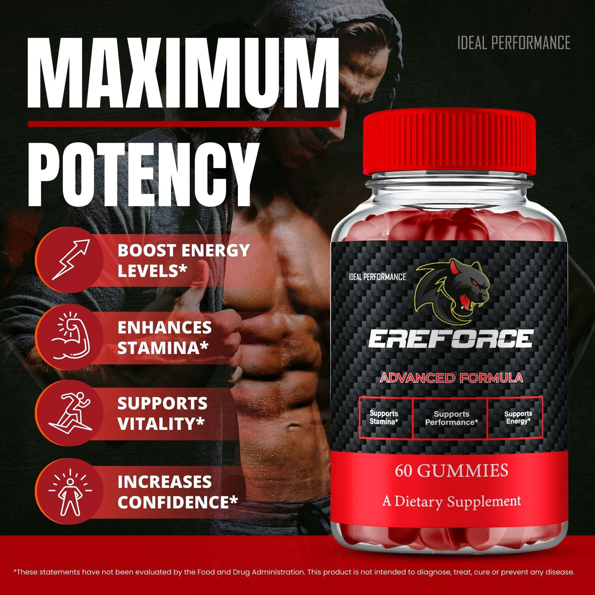 Ereforce Gummies de IDEAL PERFORMANCE, gros plan sur les gummies