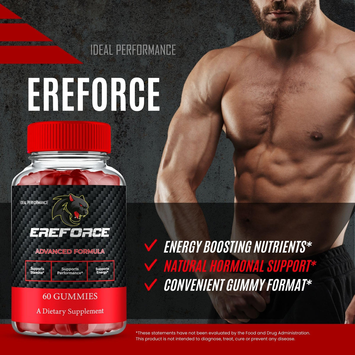 Ereforce Gummies, photo du produit sur une table avec des accessoires de santé
