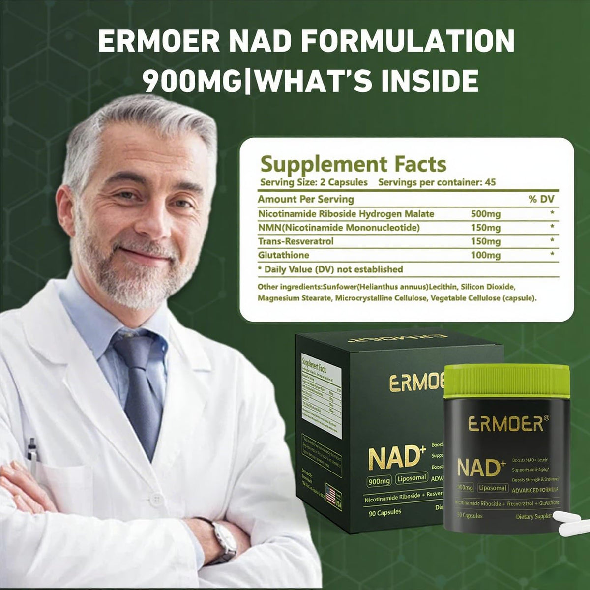 ERMOER NAD Nicotinamide Riboside 900mg capsules à l'intérieur