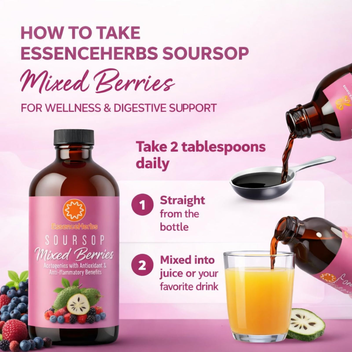 Essence Herbs Bitters Liquide Soursop avec une cuillère doseuse