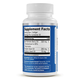 Essential Elements Saw Palmetto Plus capsules sur une surface claire