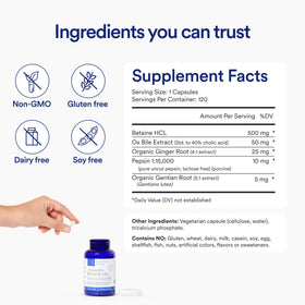 Essential Stacks Betaine HCL 118g avec capsules sur une table