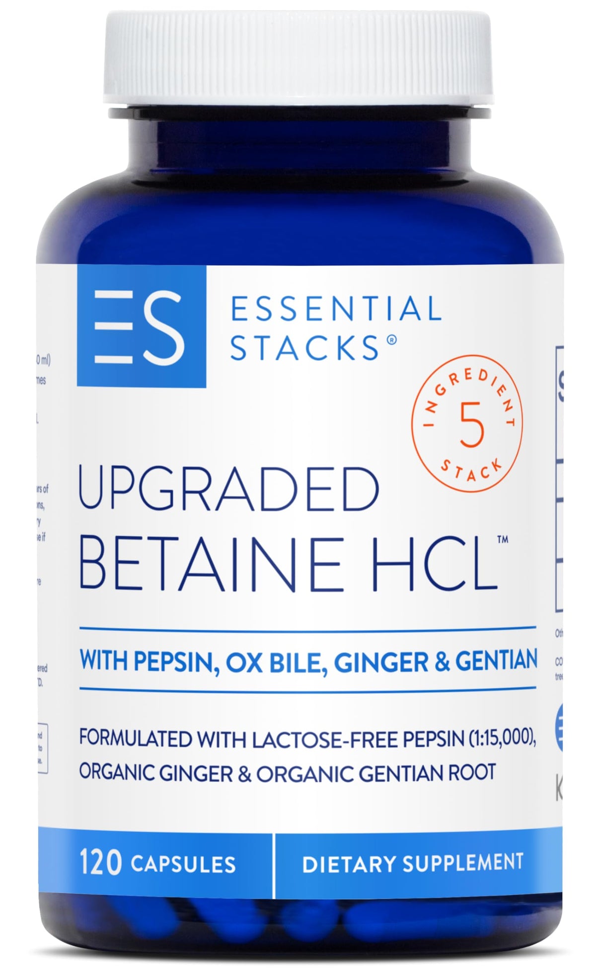Essential Stacks Betaine HCL 118g avec Pepsine et Bile de Bœuf - vue avant