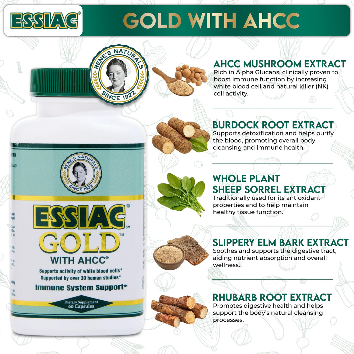 Essiac Gold® avec AHCC® 60 capsules, emballage et contenu