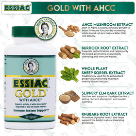 Essiac Gold® avec AHCC® 60 capsules, emballage et contenu