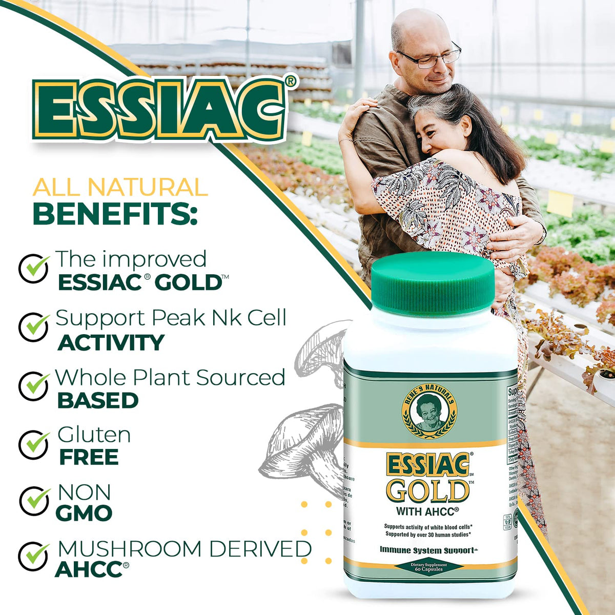Essiac Gold® avec AHCC® capsules à côté d'un verre d'eau