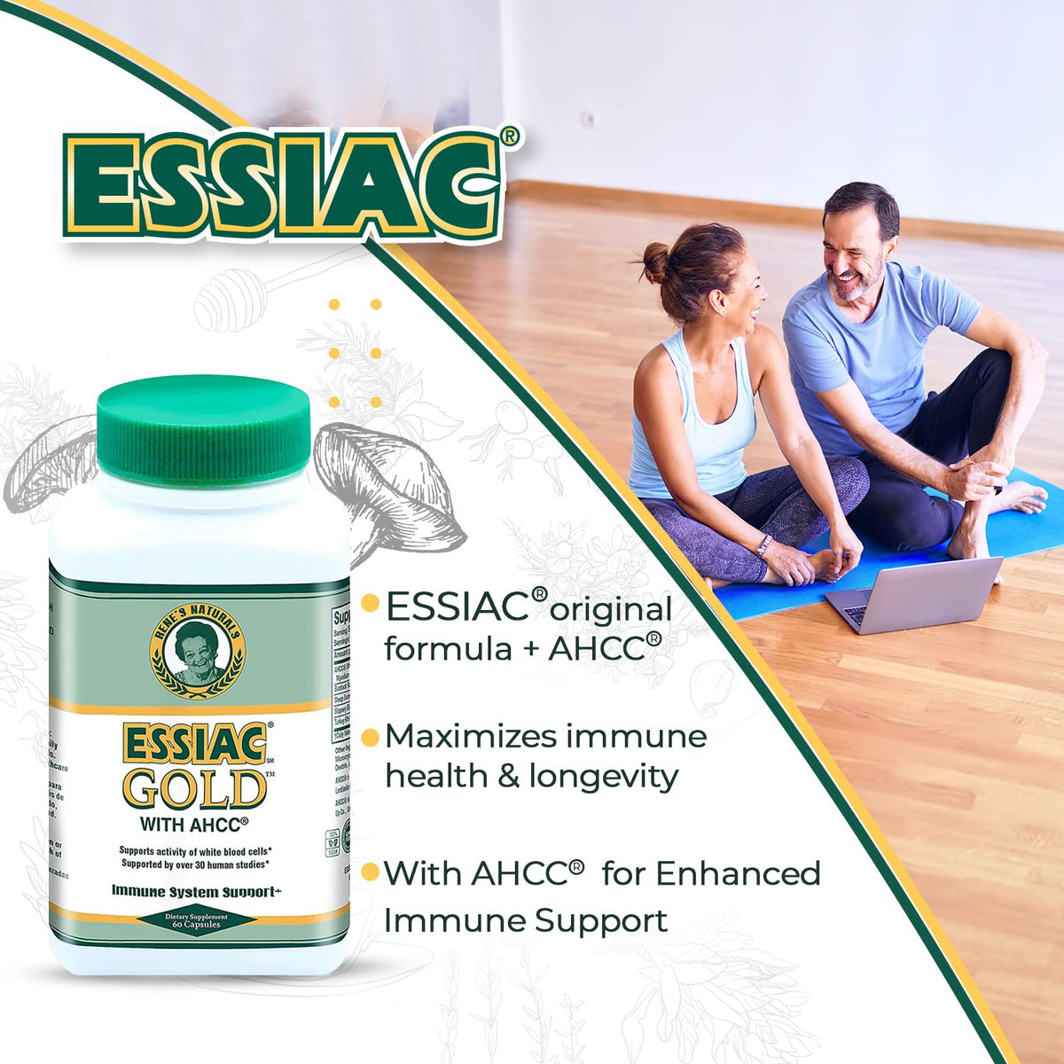 Essiac Gold® avec AHCC® capsules sur une surface en bois