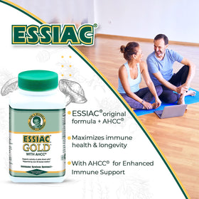 Essiac Gold® avec AHCC® capsules sur une surface en bois