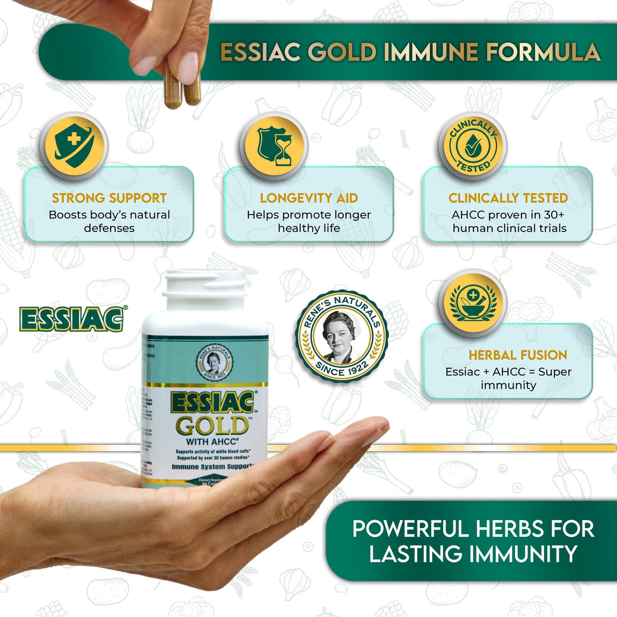 Essiac Gold® avec AHCC® capsules végétales, vue de côté