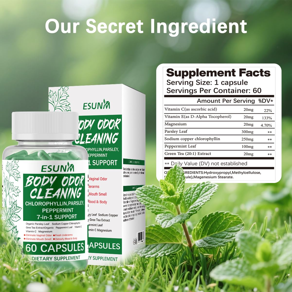 ESUNM Complément Alimentaire Déodorant Corporel 650 mg, capsules dans l'emballage
