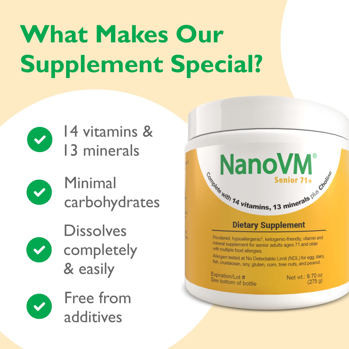 Étiquetage de NanoVM Senior 71+ avec informations nutritionnelles