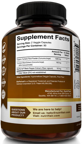 Étiquetage de NutriFlair Curcuma Curcumin avec informations nutritionnelles