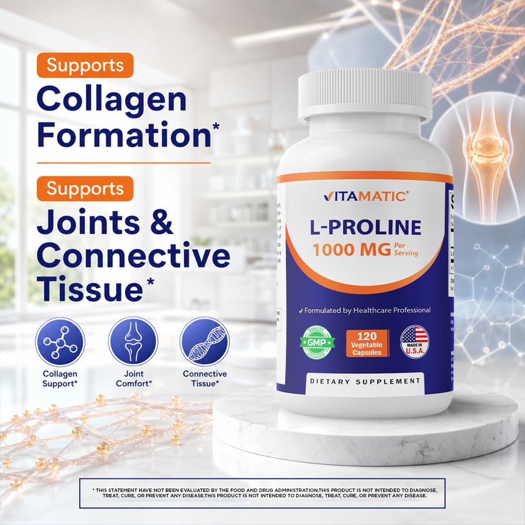 Étiquette arrière de Vitamatic L-Proline 1000 MG détaillant les ingrédients