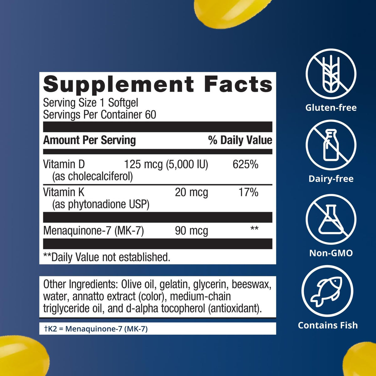 Étiquette arrière du flacon de Metagenics Vitamine D3 et K2 5 000 UI