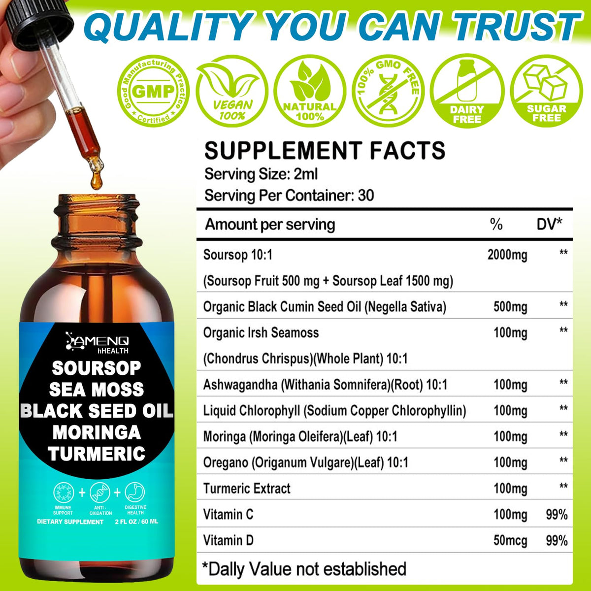 Étiquette arrière du flacon Soursop Bitters AMENQ hHEALTH