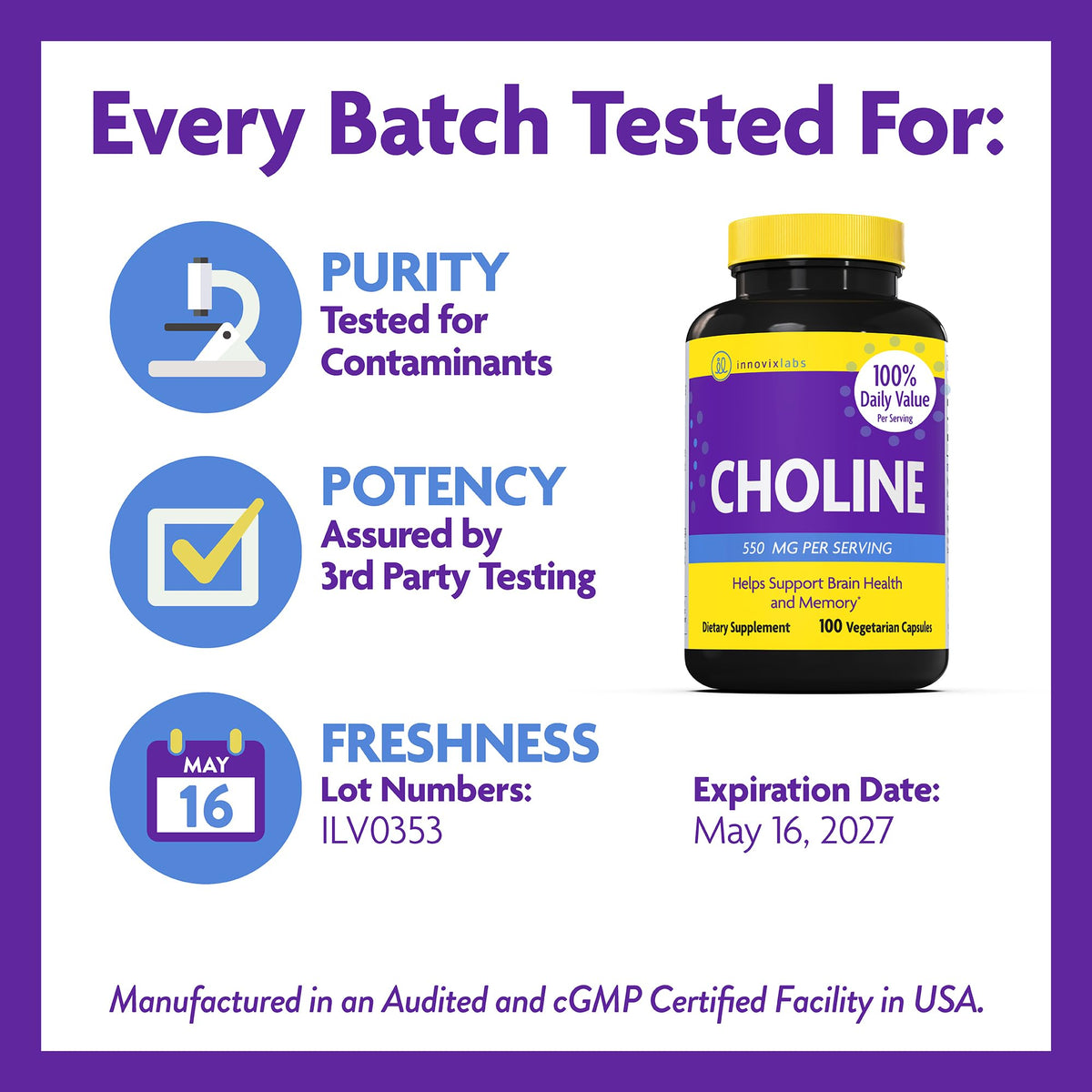Étiquette d'ingrédients d'InnovixLabs Choline 550 mg