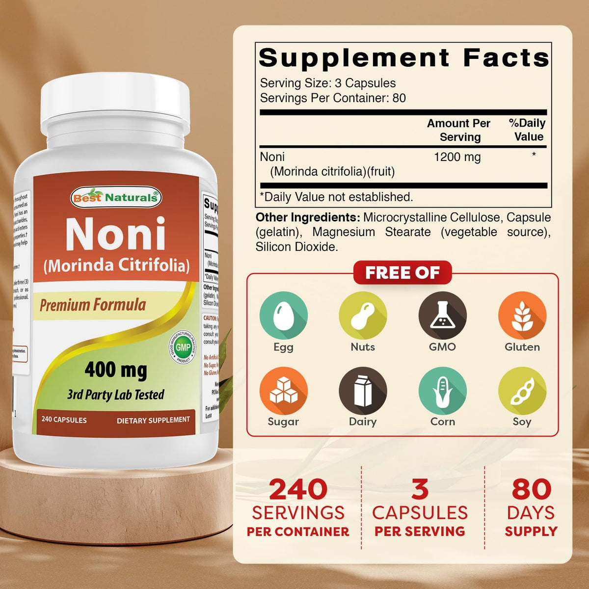 Étiquette de Best Naturals Noni 400 mg avec ingrédients et informations