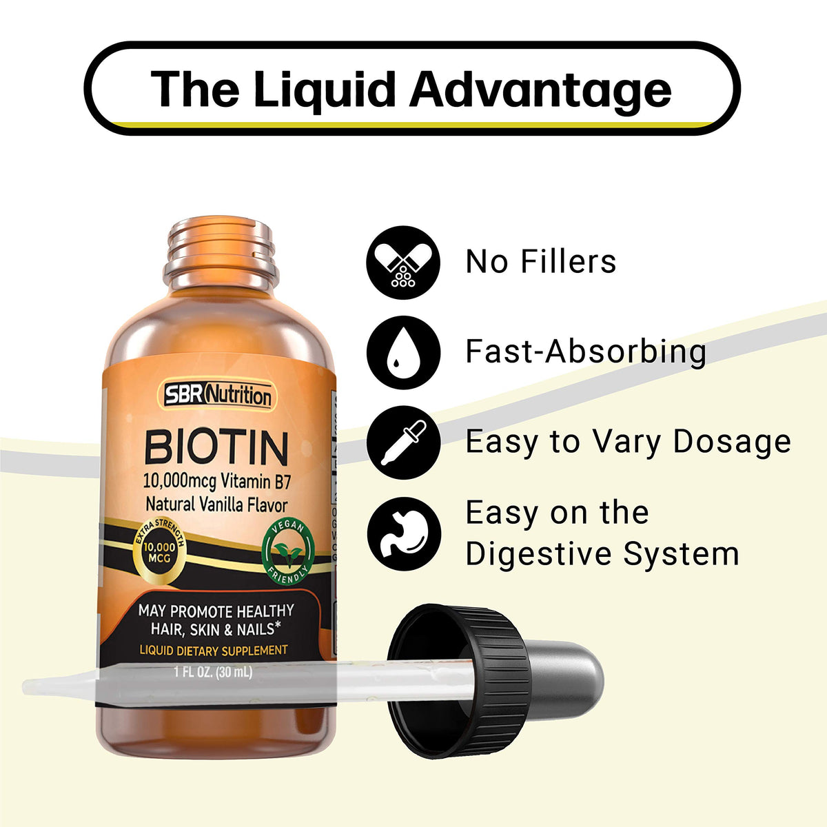 Étiquette de biotine liquide SBR Nutrition avec informations nutritionnelles