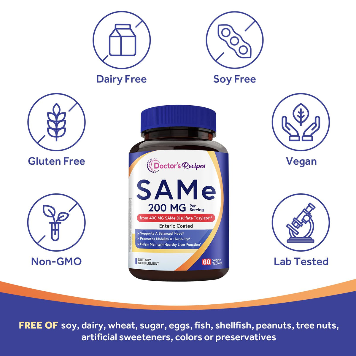Étiquette de composition de Doctor's Recipes SAM-e 200 mg