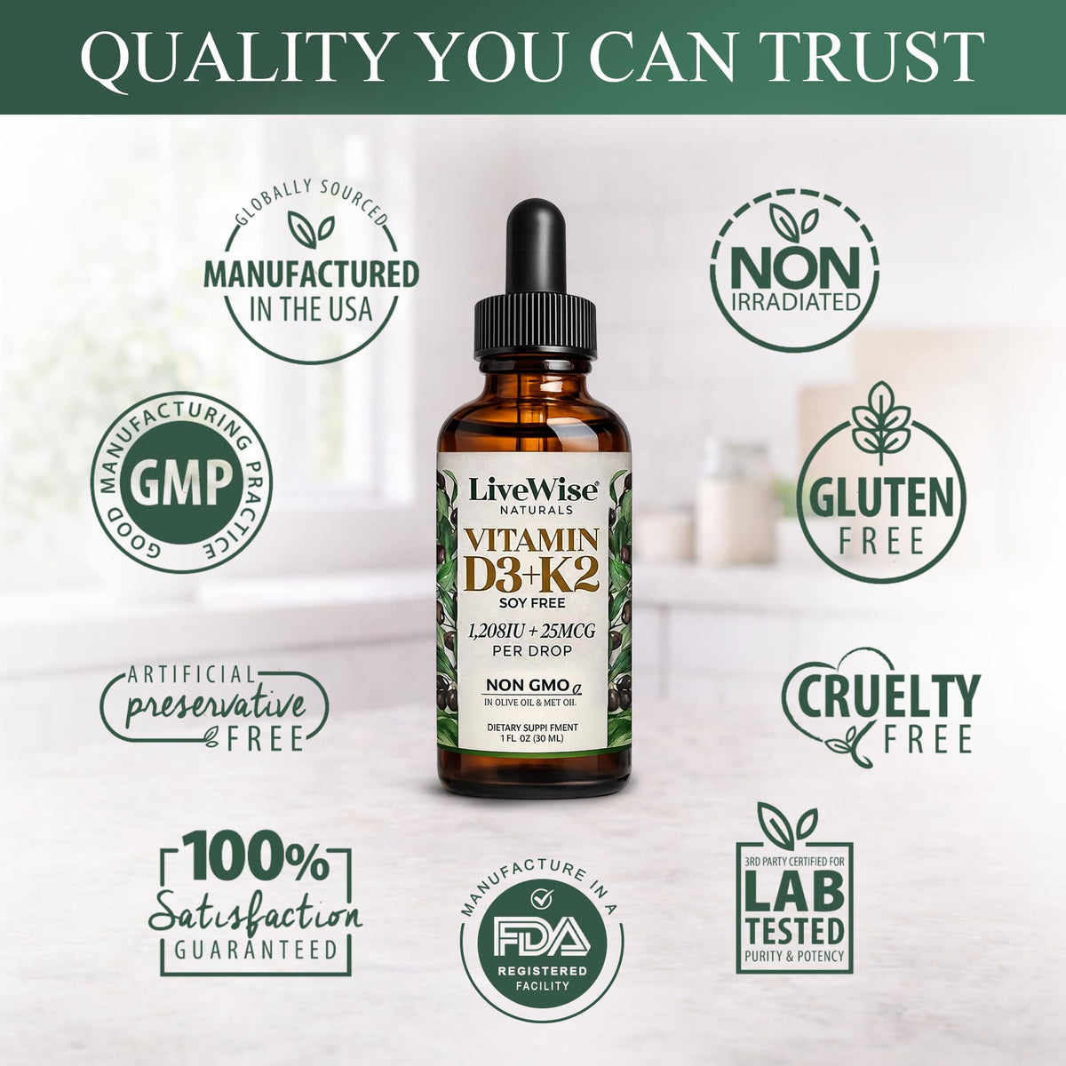 Étiquette de composition des gouttes de vitamine D3 K2 Live Wise Naturals