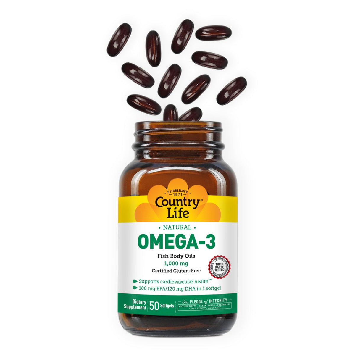 Étiquette de Country Life Huile de Poisson Omega-3 avec informations nutritionnelles