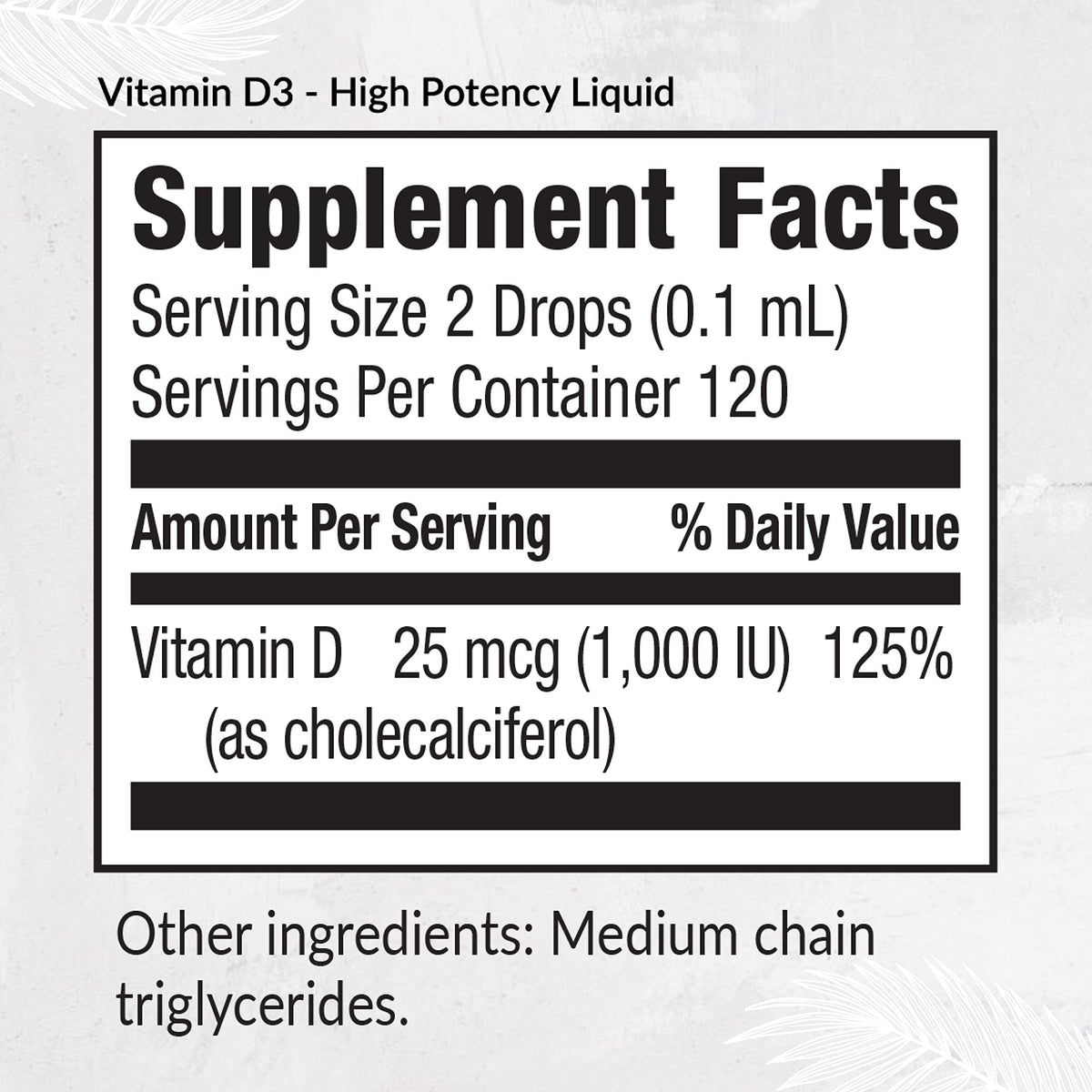 Étiquette de Equilife Vitamine D3 Liquide avec ingrédients