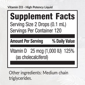 Étiquette de Equilife Vitamine D3 Liquide avec ingrédients