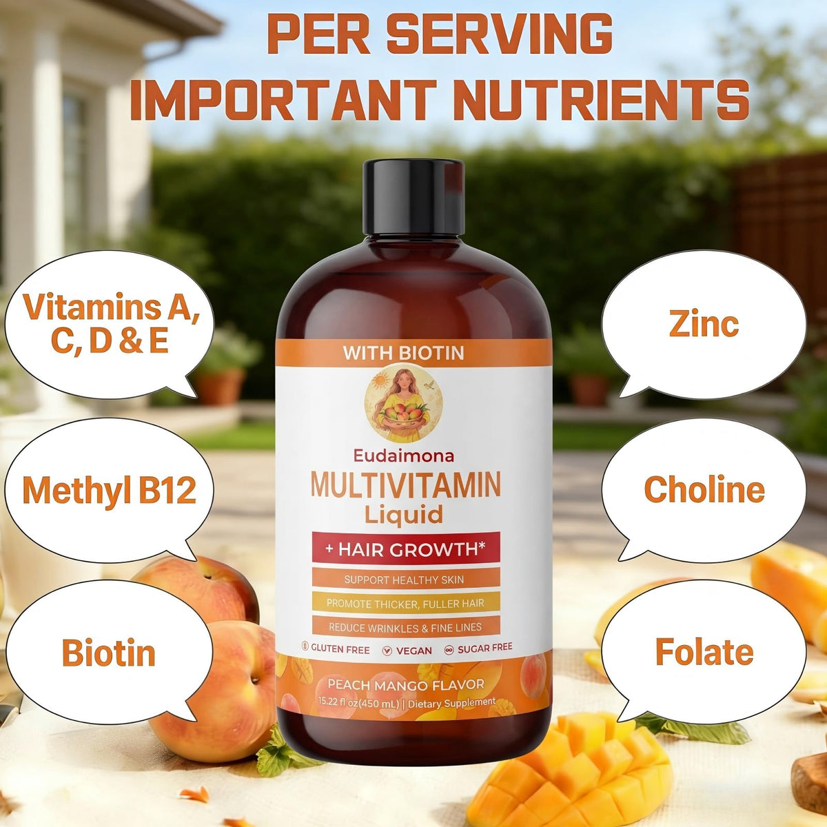 Étiquette de Eudaimona multivitamine liquide avec détails des ingrédients.
