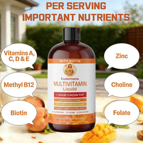 Étiquette de Eudaimona multivitamine liquide avec détails des ingrédients.