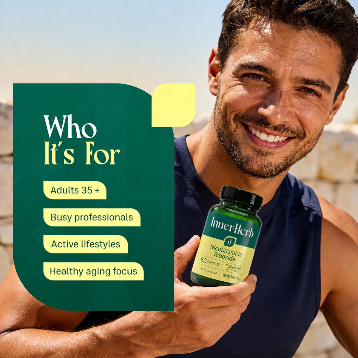 Étiquette de flacon de Nicotinamide Riboside InnerHerb avec informations nutritionnelles