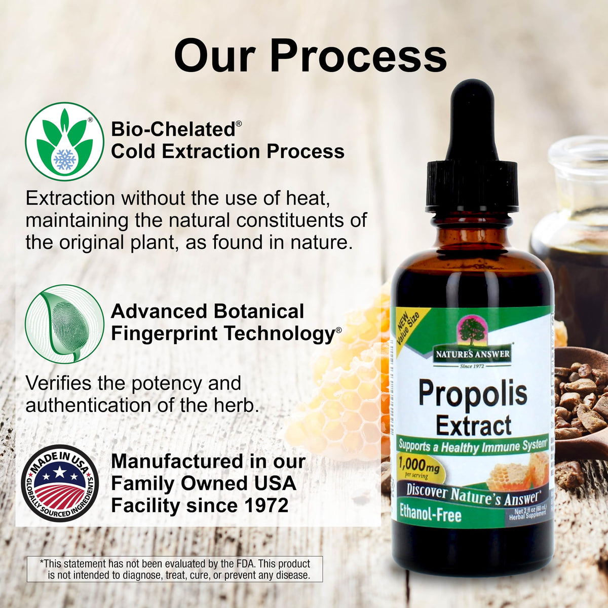 Étiquette de l'extrait de résine de propolis Nature's Answer montrant les ingrédients