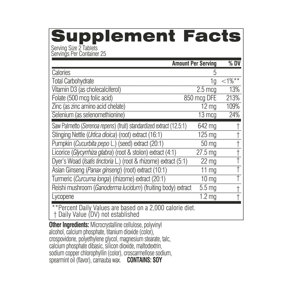 Étiquette de la boîte Swisse Prostate avec informations nutritionnelles